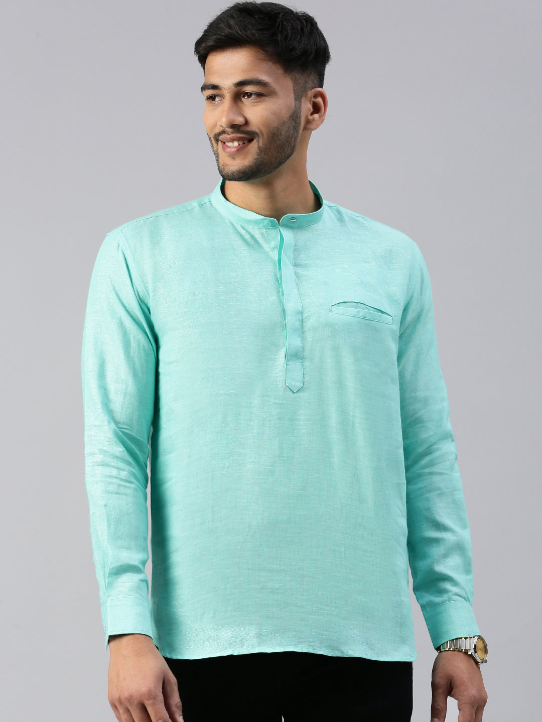 Men Linen Short Length Plain Pocket Kurta Blue M16
