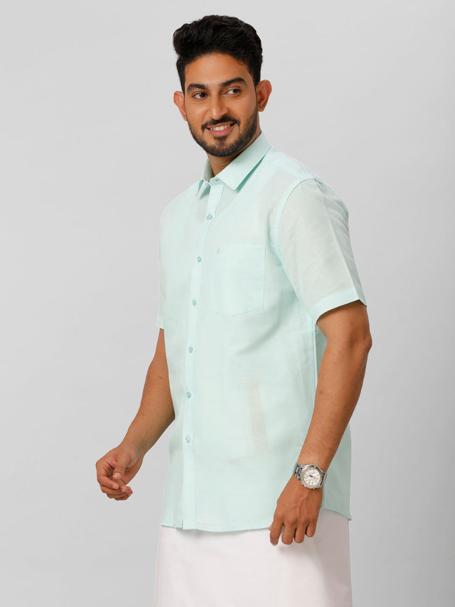 Mens Linen Cotton Formal Light Blue Half Sleeves Shirt LF1-Side view