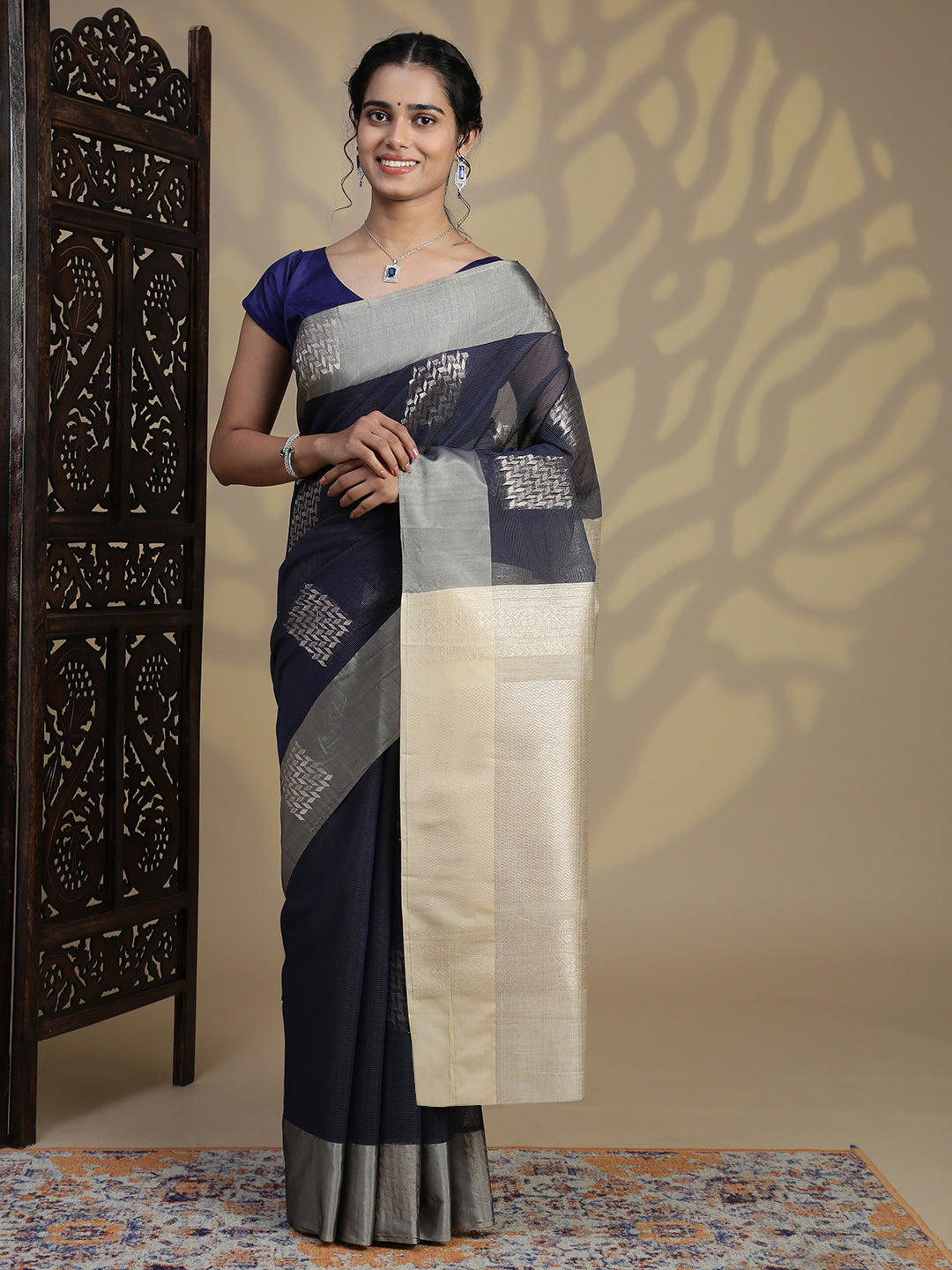 Women Navy Kora Cotton Saree SK102