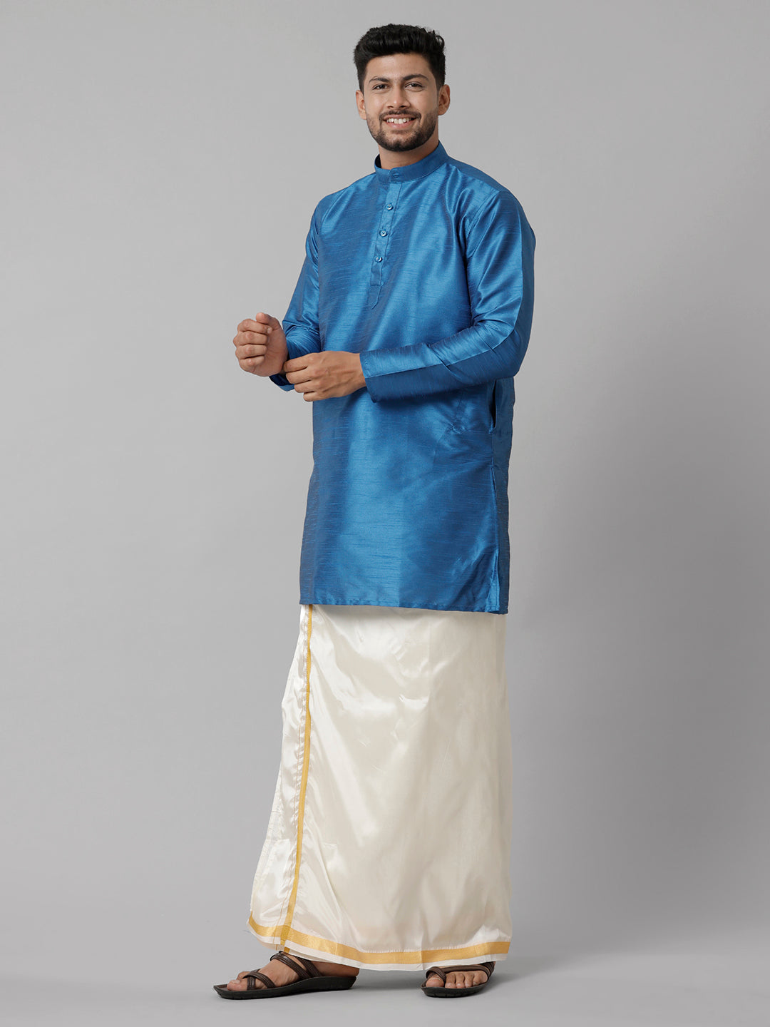 Mens Polyster Blue Medium Length Kurta with Art Silk Jari Dhoti Combo SL01-Side view