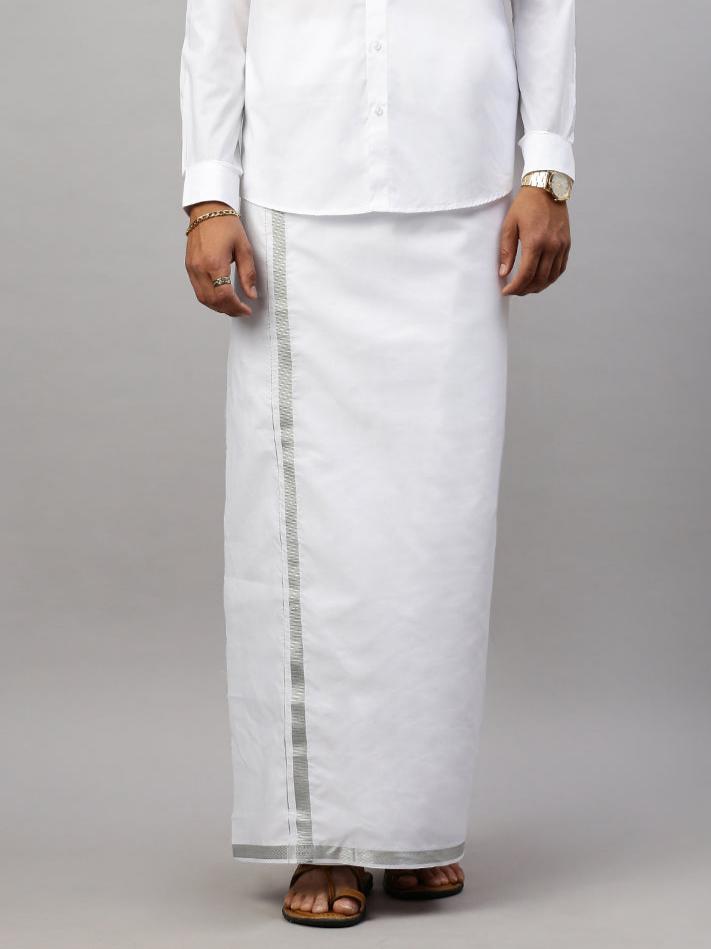 Men 100% Cotton Single Layer White Dhoti with 1" Silver Jari Border Shringar
