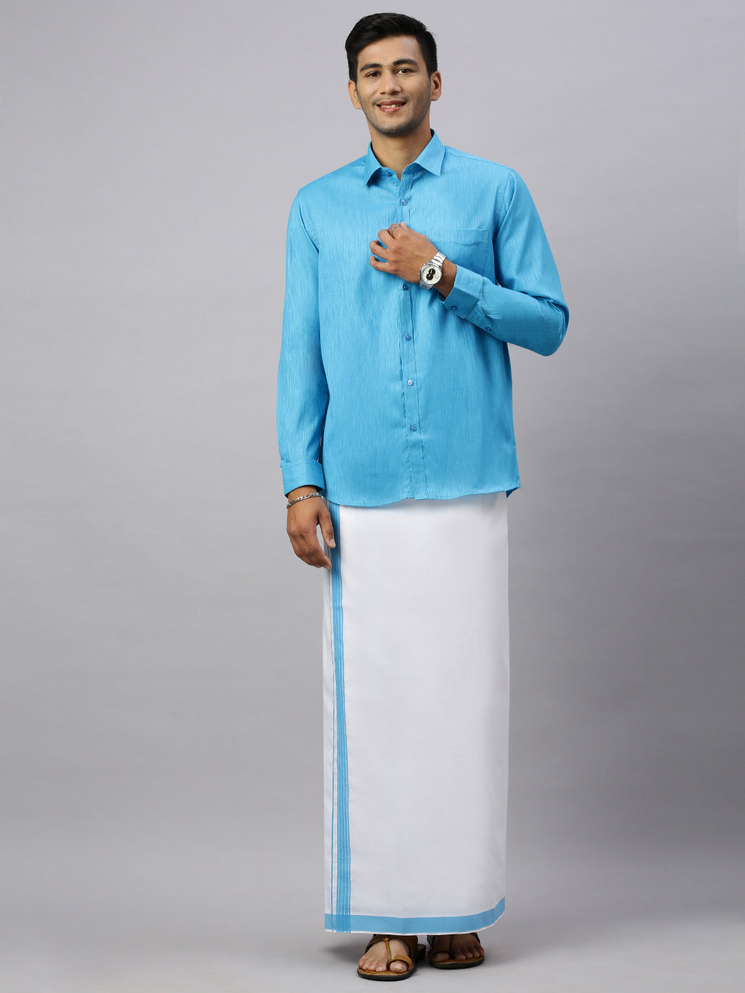 Mens Eastern Blue Matching Border Dhoti & Full Sleeves Shirt Set CV5