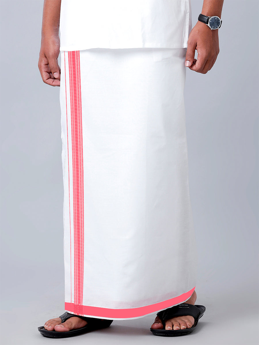 Mens Readymade Adjustable White Dhoti with Pink Fancy Border Champ Jari - M