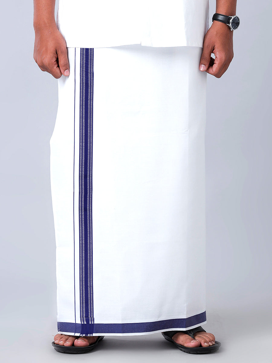 Mens Readymade Adjustable White Dhoti with Navy Fancy Border Champ Jari - M
