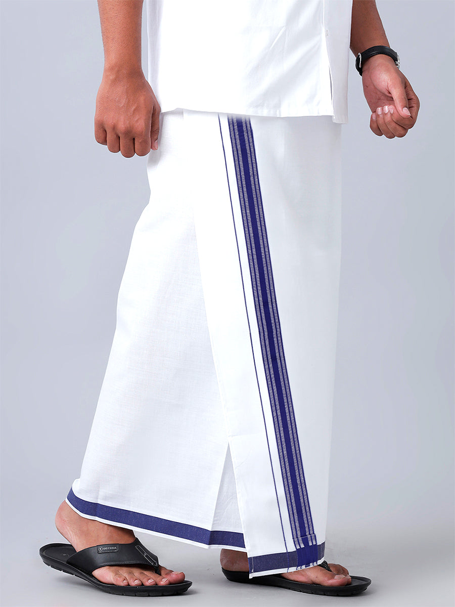 Mens Readymade Adjustable White Dhoti with Navy Fancy Border Champ Jari - M-Side view