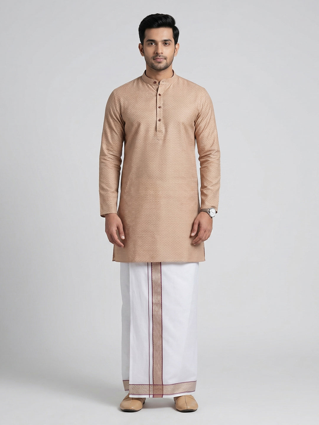 Men Light Purple Medium Length Kurta with Matching Border Dhoti Set MHJ1