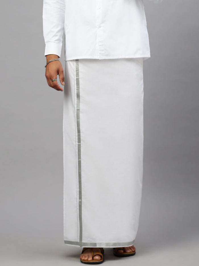 Men 100% Cotton Double Layer White Dhoti with 1"Jari Border Silver Earth