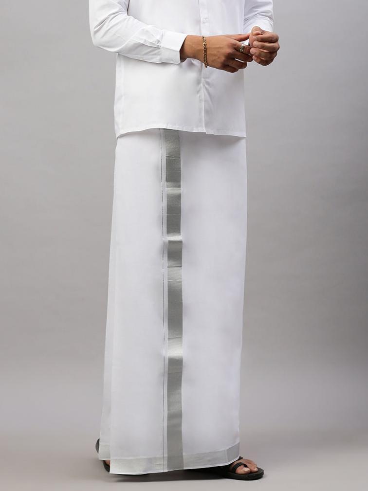 Men 100% Cotton Double Layer White Dhoti with 1 1/2"Silver Jari Border Special Pet