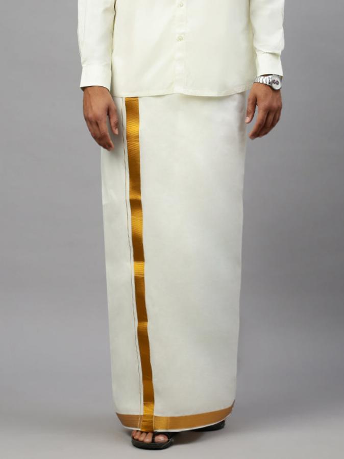Men Cotton Blend Double Layer Cream Dhoti with 2"Gold Jari Border Bonanza