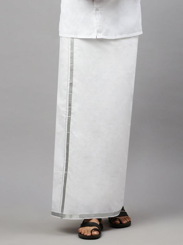 Men Cotton Blend Double Layer White Dhoti with 1" Jari Border Silver Rose