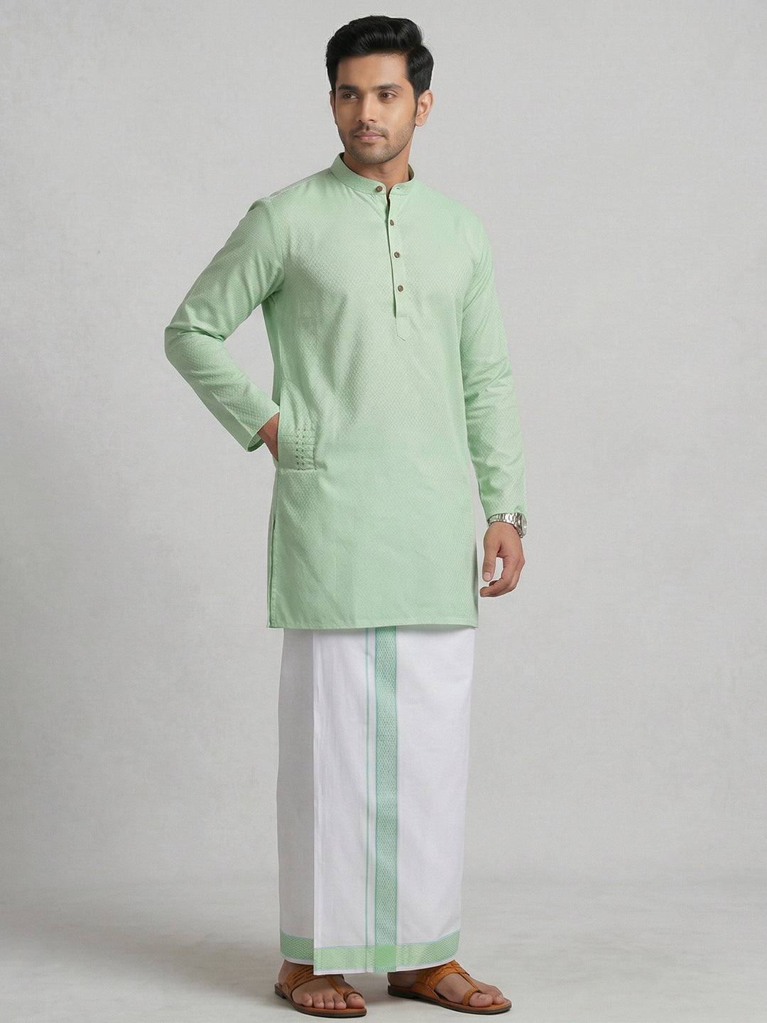 Men Mint Green Medium Length Kurta with Matching Border Dhoti Set MHJ4