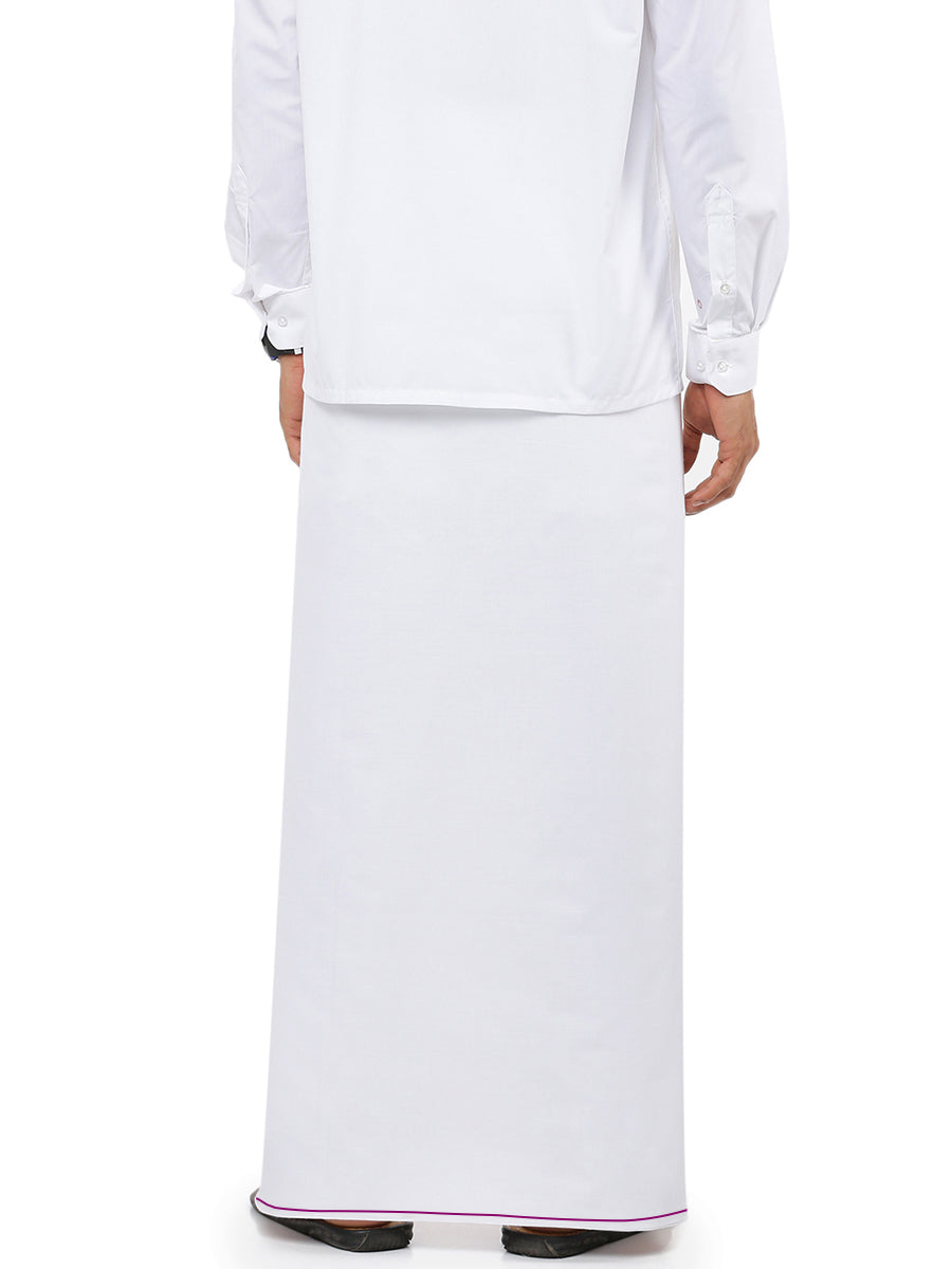 Mens 100% Cotton White Single Dhoti with Violet Small Border Cotton Emperor-Back view