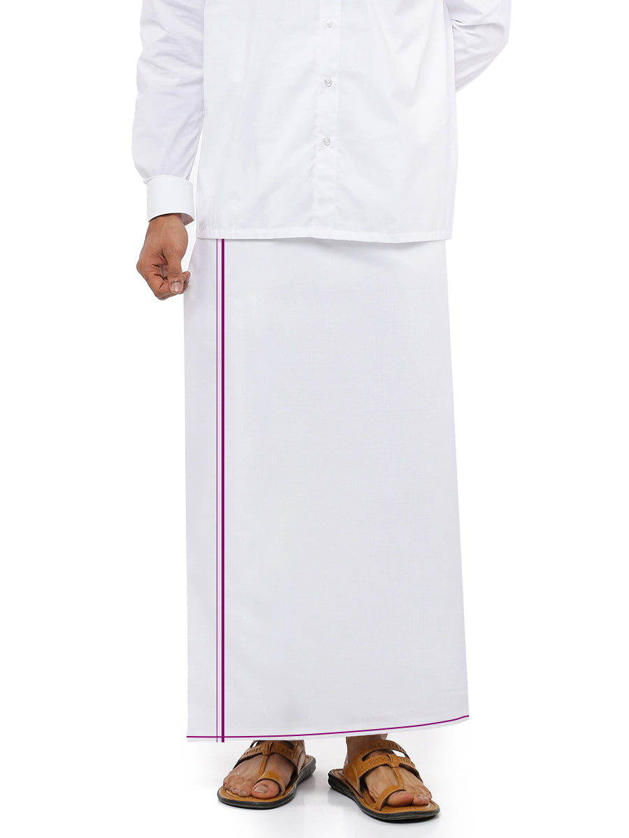 Mens 100% Cotton White Single Dhoti with Violet Small Border Cotton Emperor