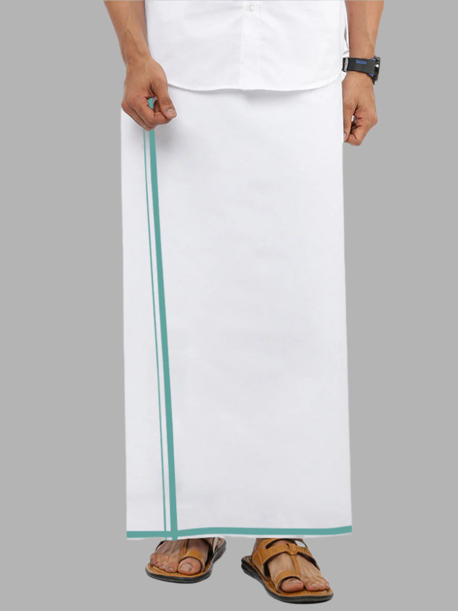 Mens White Stain Guard Single Dhoti with Light Blue Big Border Tide