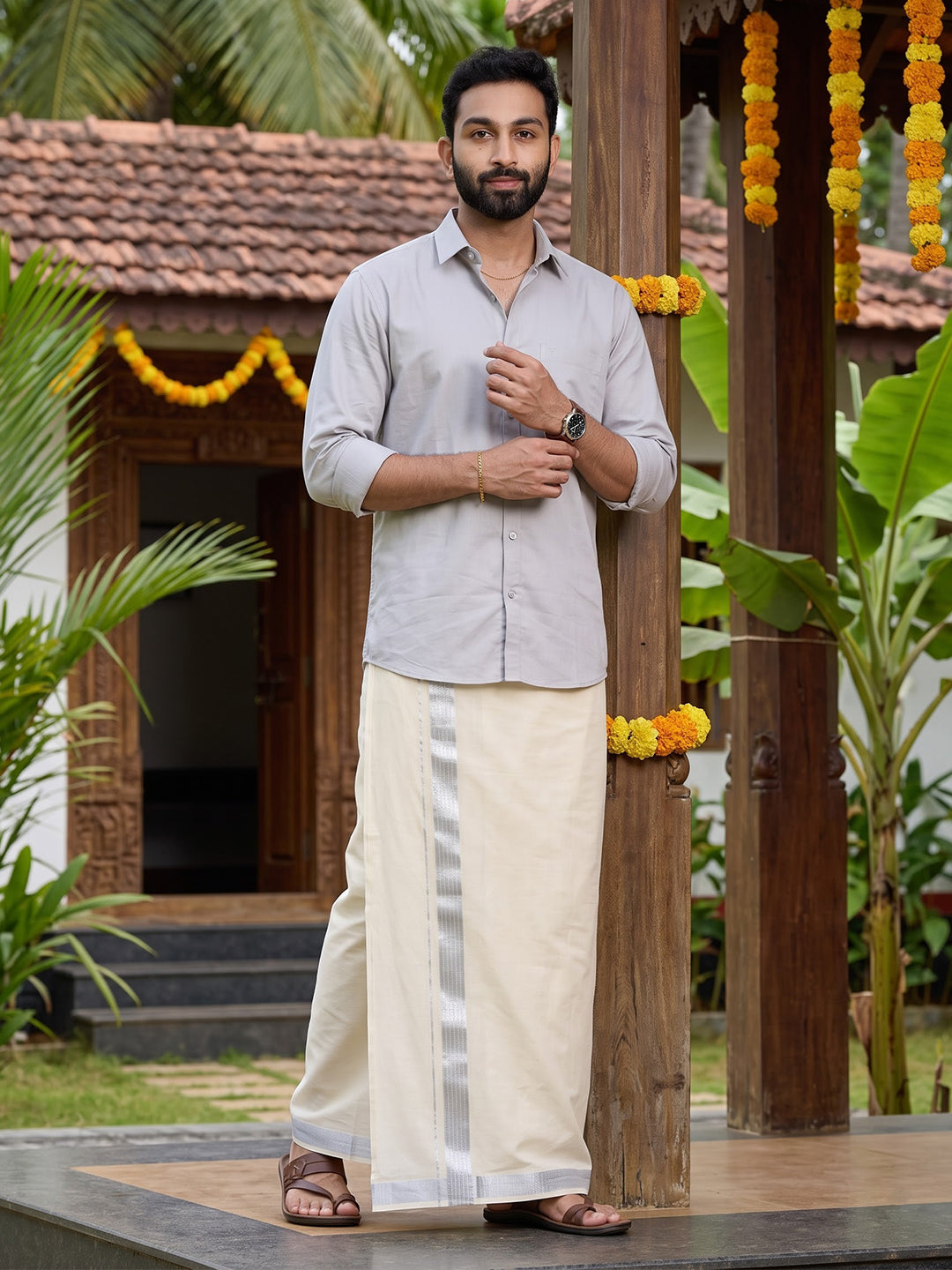 Double Layer 100% Cotton Cream Kora Dhoti with Fancy Jari Border - SJF02