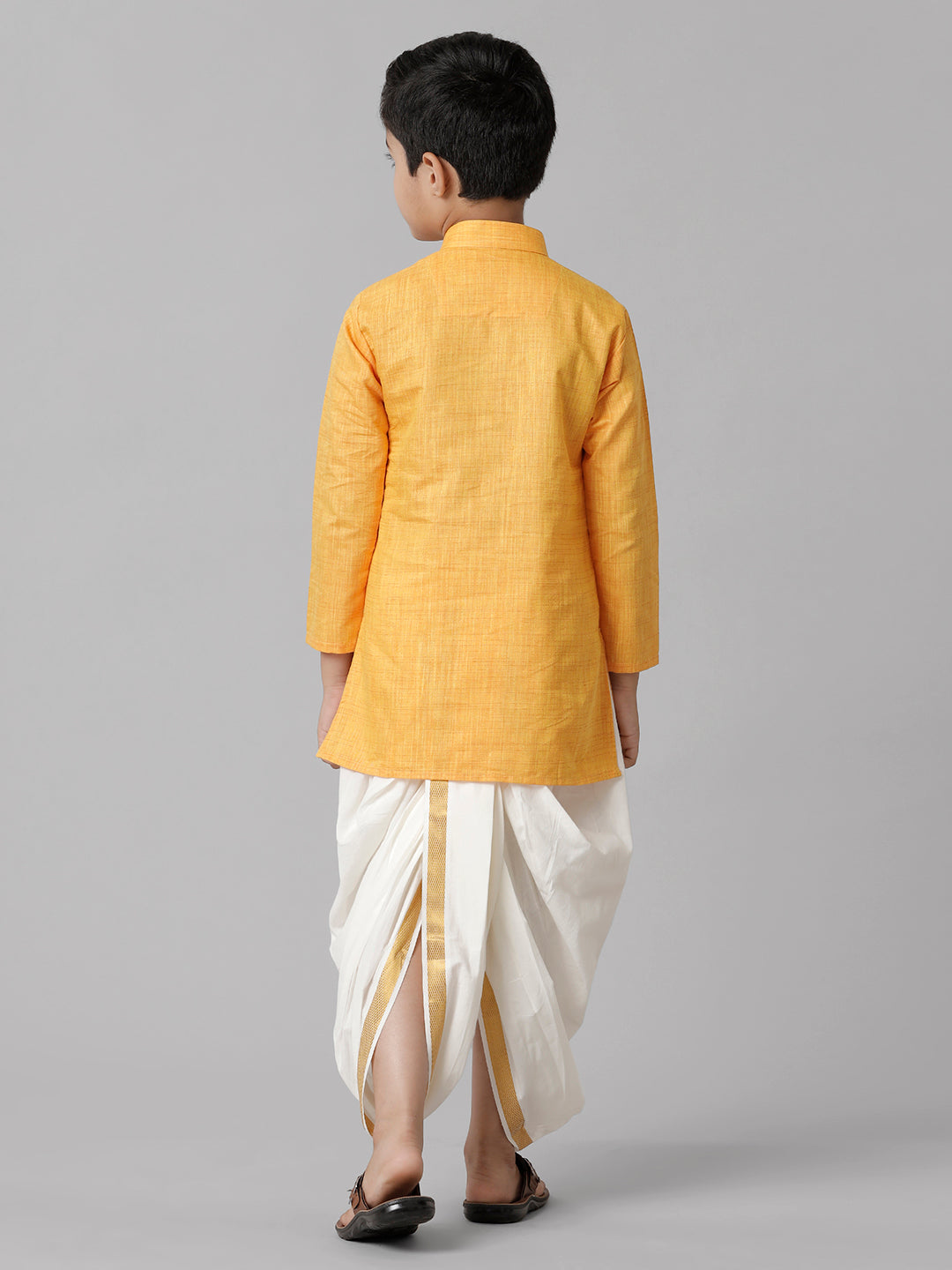 Boys Cotton Yellow Kurta with Cream Elastic Panchakacham Towel Combo FS1-Back view