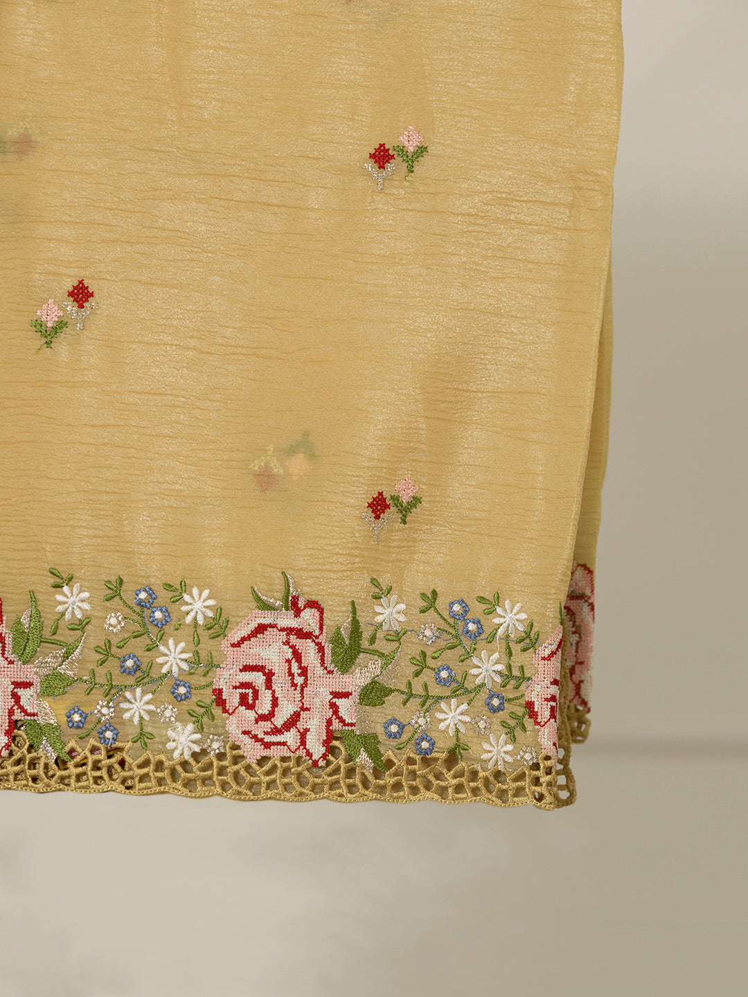 Women Light Yellow Tissue Embroidered Saree TS08