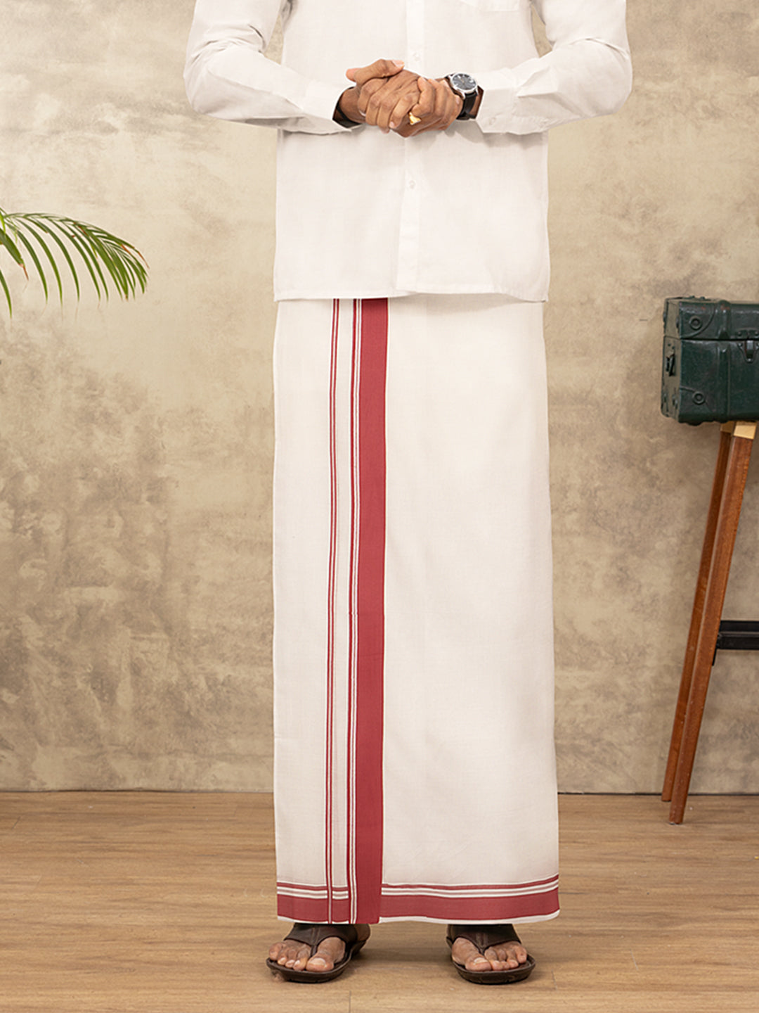 Men 100% Cotton Double Layer Off White Dhoti with Fancy Border EF09