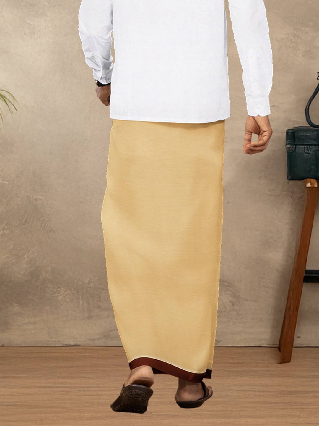 Men Cotton Blend Single Layer Gold Dhoti with Big Border Yogi Spl 2