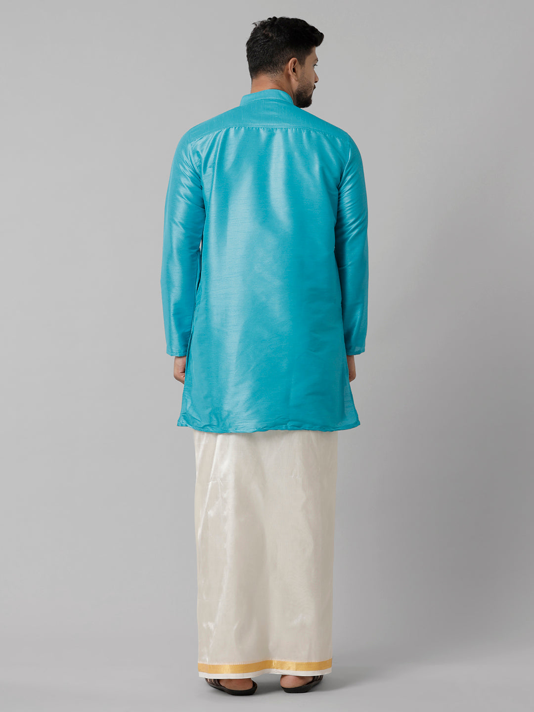 Mens Polyster Sky Blue Medium Length Kurta with Art Silk Jari Dhoti Combo SL02-Back view