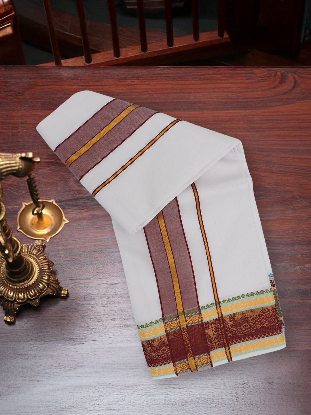 Men Cotton Maroon Fancy Border Panchakacham with Angavasthram Vishvadeva (9+5) VD04