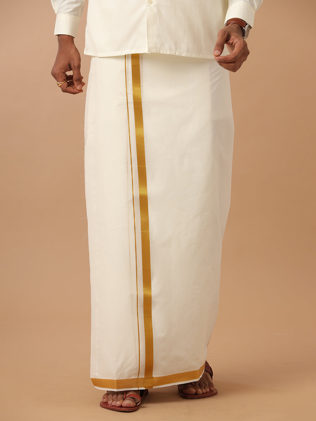 Men 100% Cotton Double Layer Cream Dhoti with 1" Gold Jari Border Daya