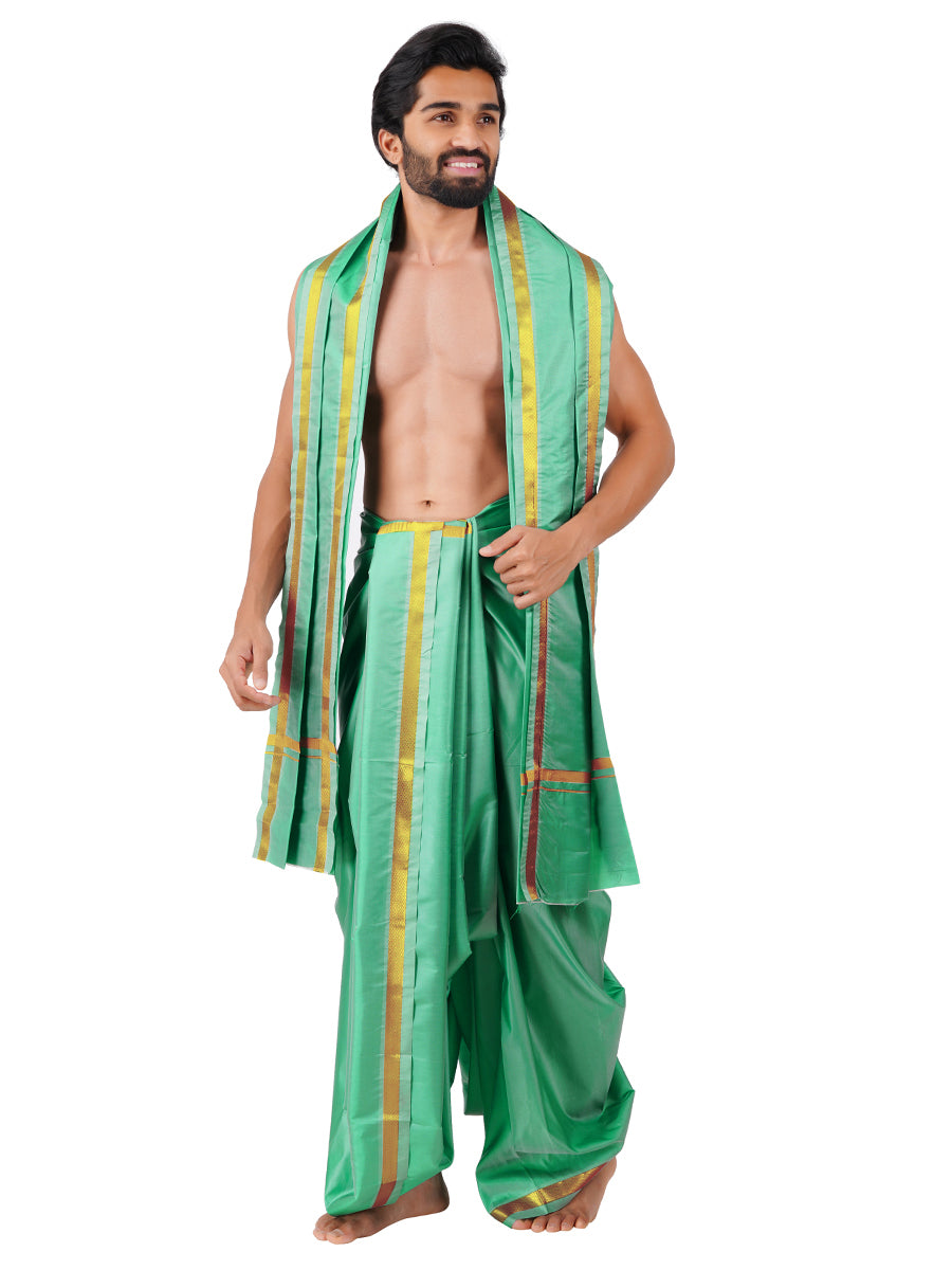 Mens Art Silk Panchakacham with Angavastram Sankaranthi Gold 50K (9+5) Light Green-Side view