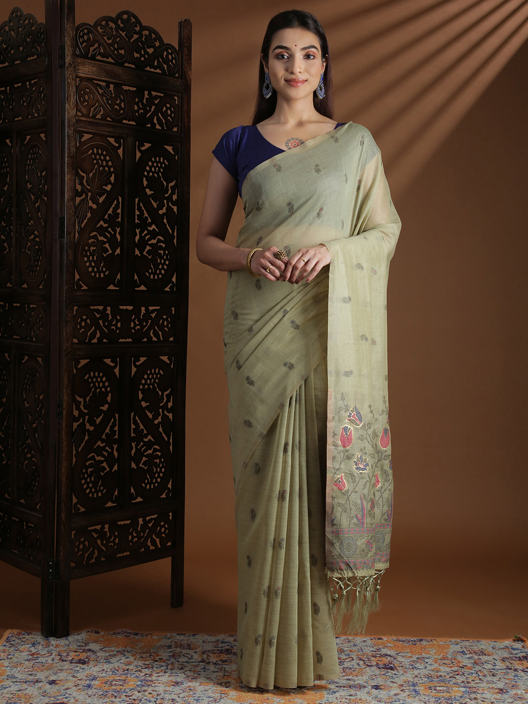 Women Sage Green Cotton Weaving Saree PCS255
