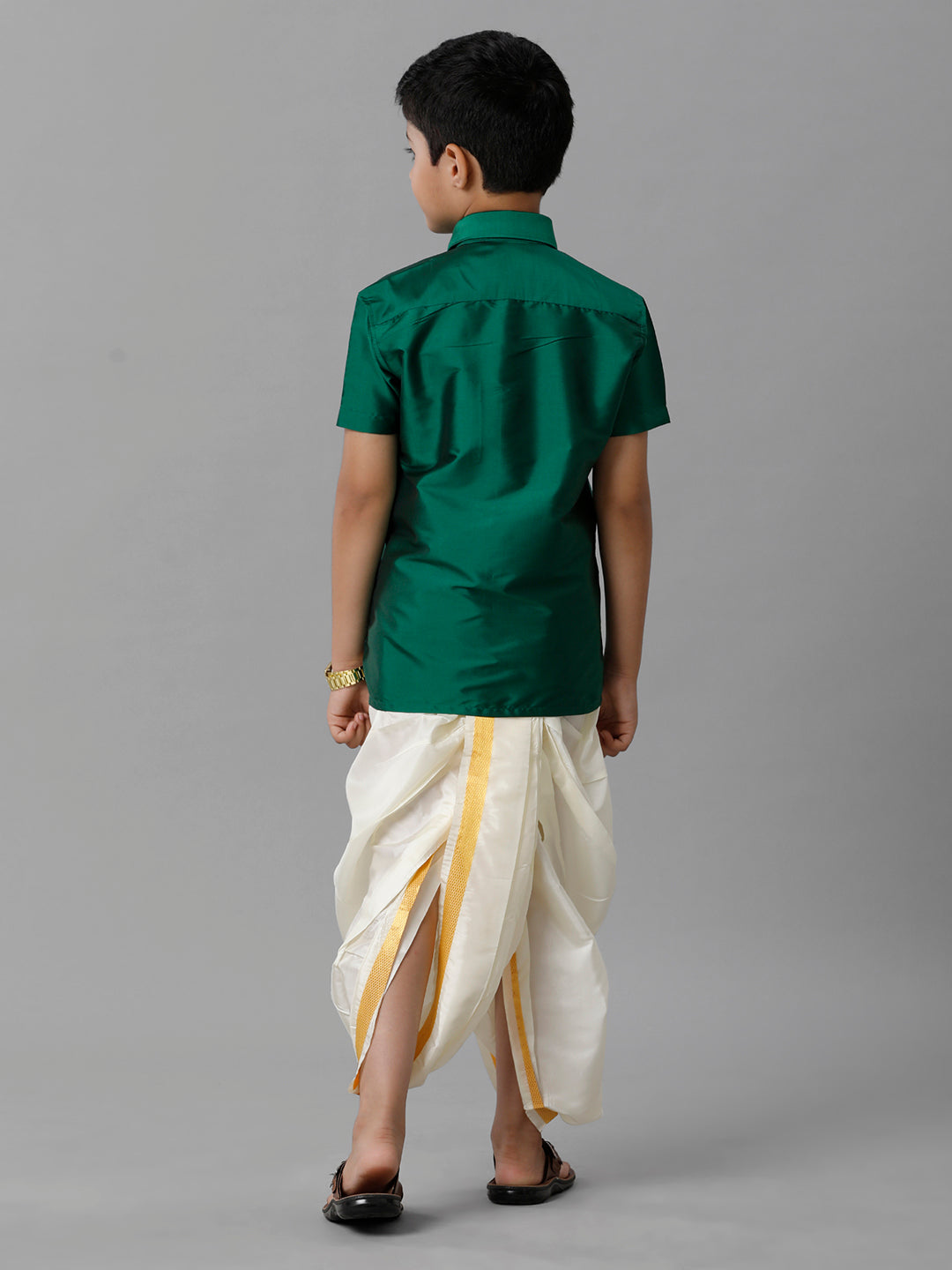 Boys Silk Cotton Dark Green Half Sleeves Shirt with Soft Silk Panchakacham Combo K9-Back view