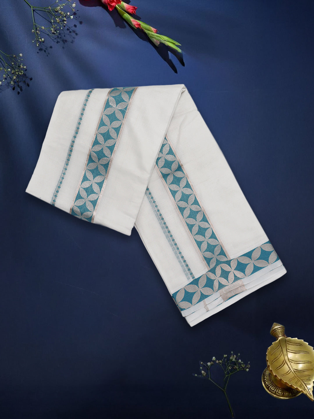 Men Premium Cotton Double Layer White Dhoti with Blue Fancy Jari Border Luxury Club LC17