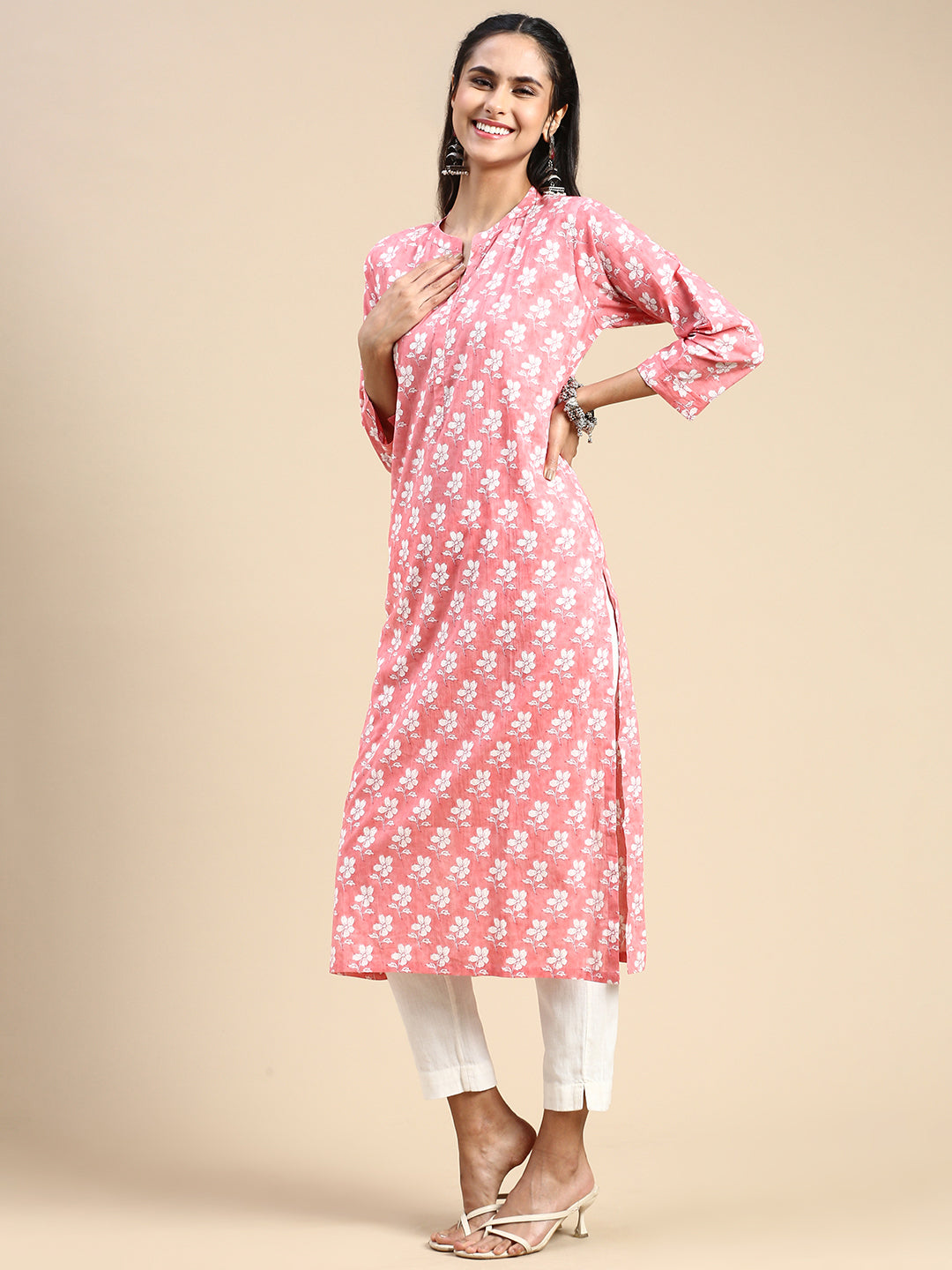 Women Cotton Printed Collar Neck Pink Kurti PK35-Full view
