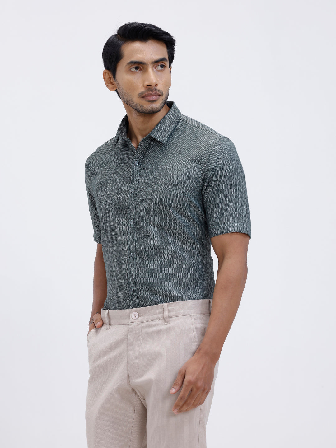 Men Cotton Rich Half Sleeve Shirt Green Dobby T59 AIT3