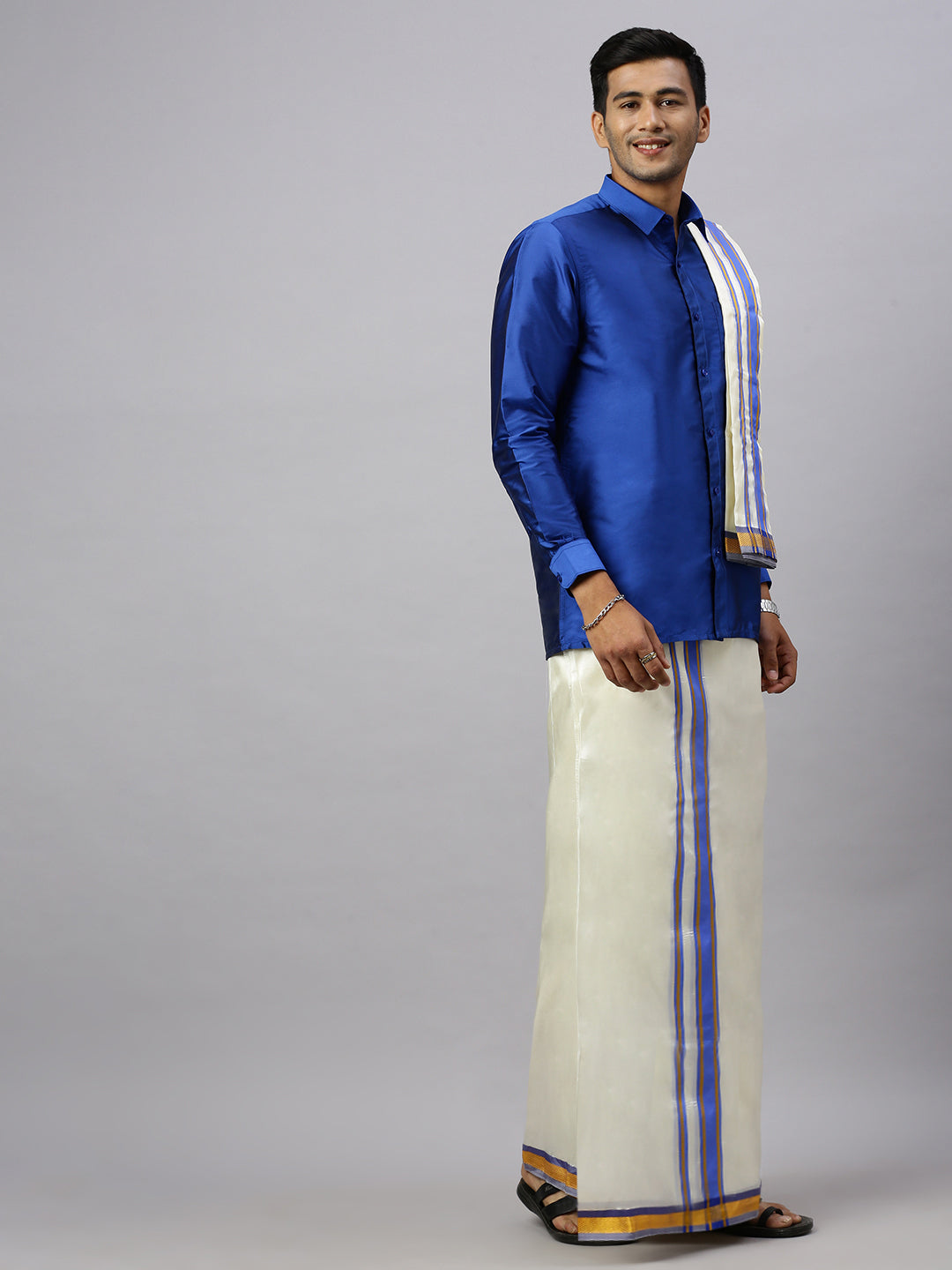 Men Full Sleeves Poster Blue Shirt with Matching Border Cream Dhoti & Towel Set K5