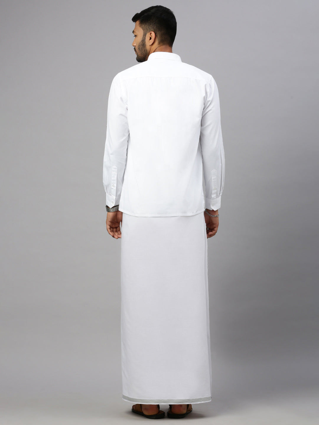 Men Cotton Blend Double Layer White Dhoti with 3/4"Silver Jari Border Ivory