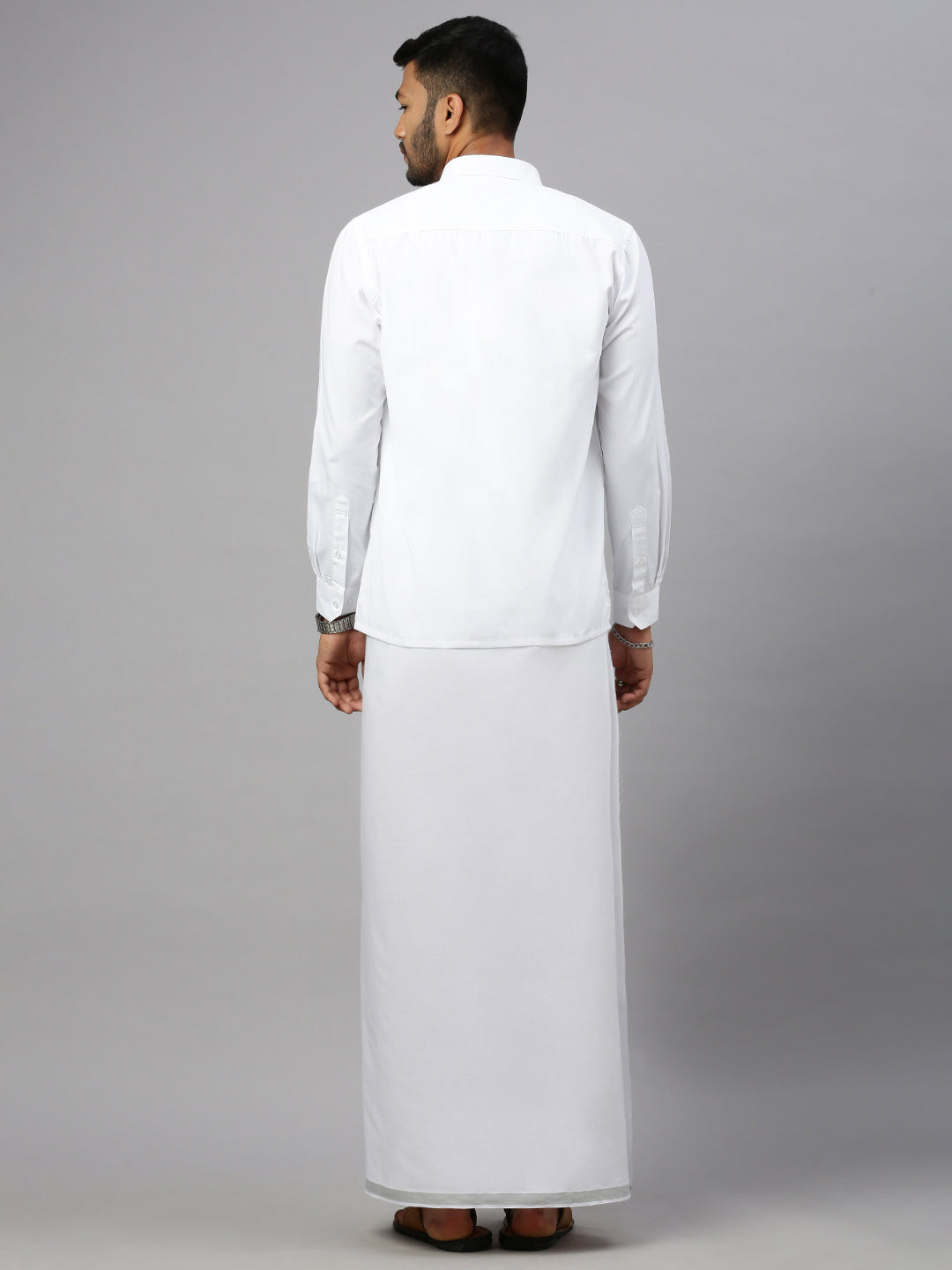 Mens Double Dhoti White with Silver Jari 3/4" Ivory