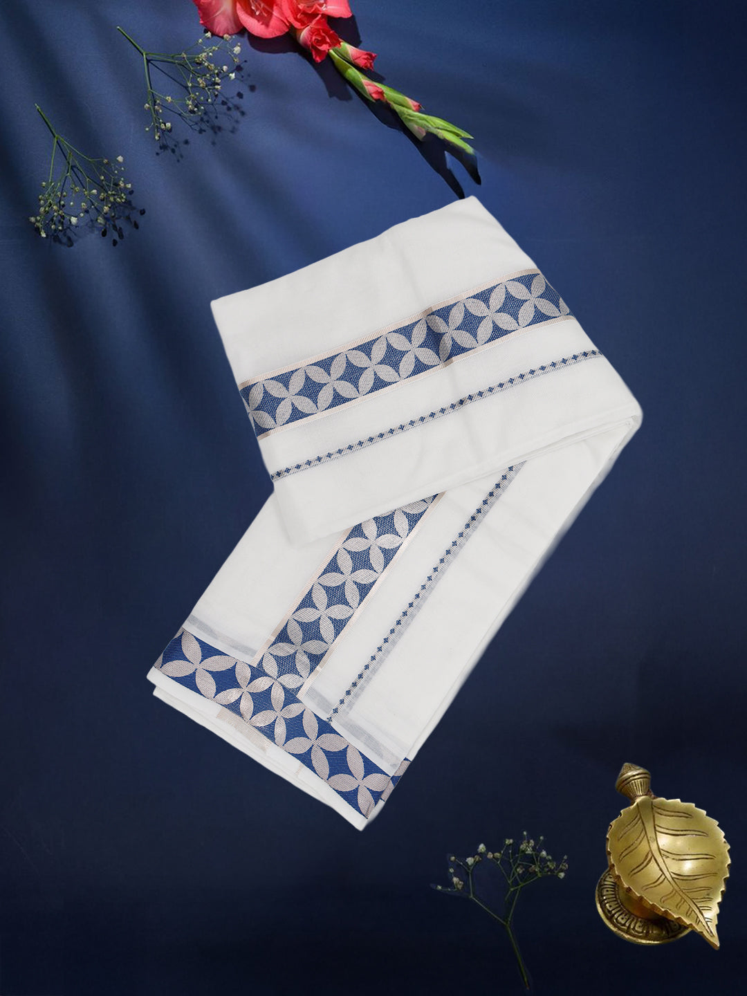 Men Premium Cotton Double Layer White Dhoti with Blue Fancy Jari Border Luxury Club LC14