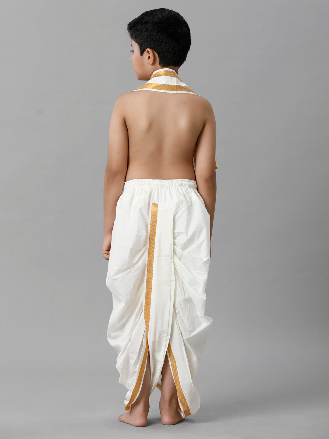 Boys Cotton Cream Elastic Panchakacham Towel Combo-Back view
