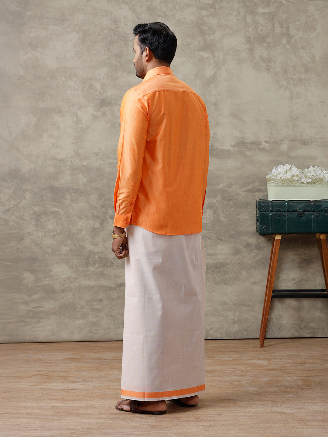 Men Cotton Blend Orange Shirt and Tissue Dhoti Set VB4