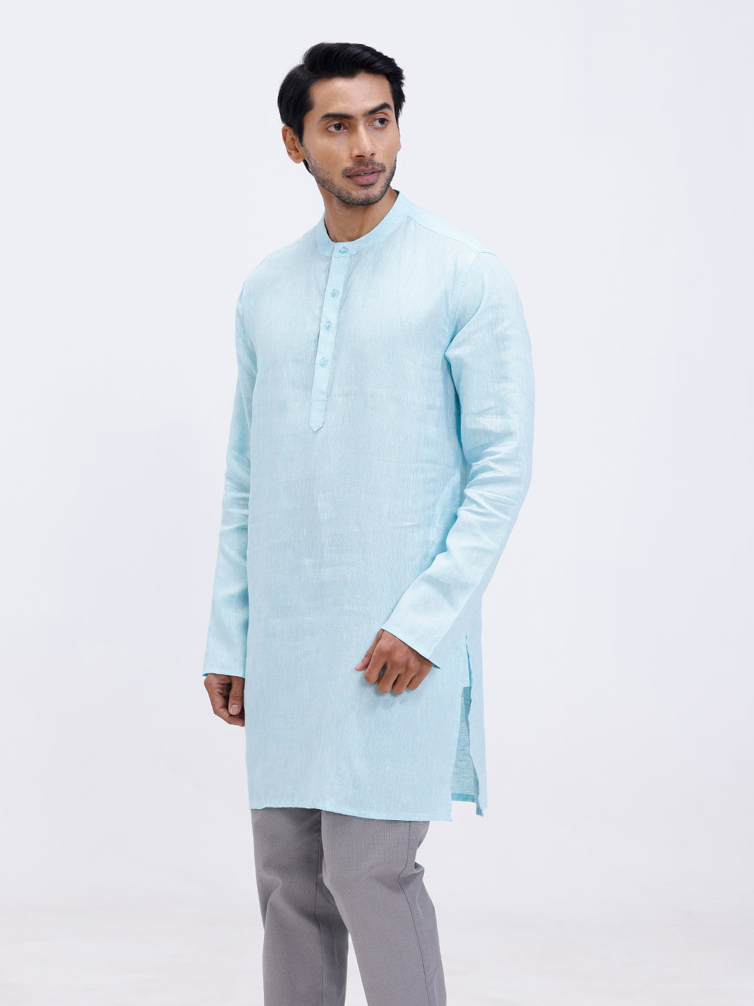 Men Pure Linen Medium Length Plain Pocket Kurta Light Mint Blue KAL4