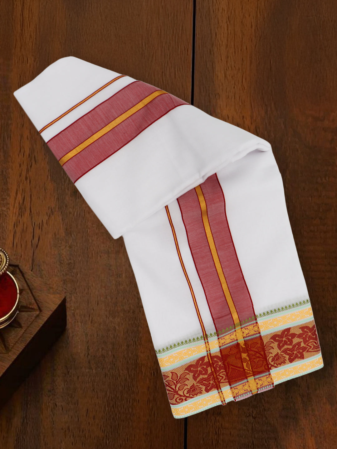 Men Cotton Maroon Fancy Border Panchakacham with Angavasthram Vishvadeva (9+5) VD02