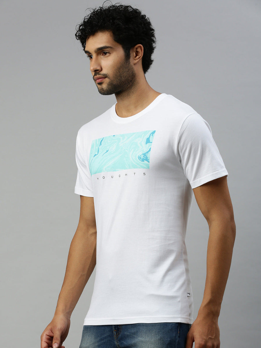 White & Blue Graphic Printed Round Neck Casual T-Shirt GT44-Side view