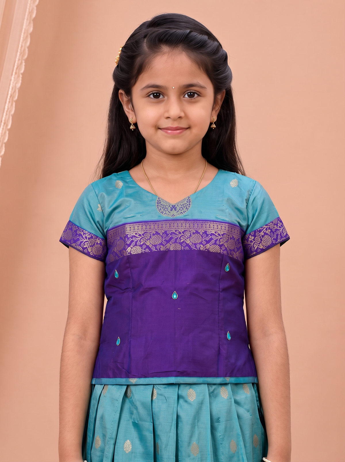 Girls Art Silk Sky Blue with Navy Pattu Pavadai Set GPS70