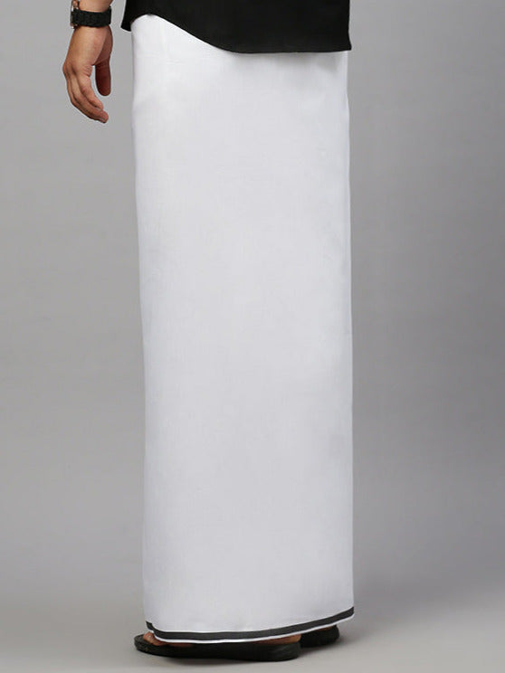 Men Cotton Blend Single Layer White Dhoti with Fancy Border Benchmark