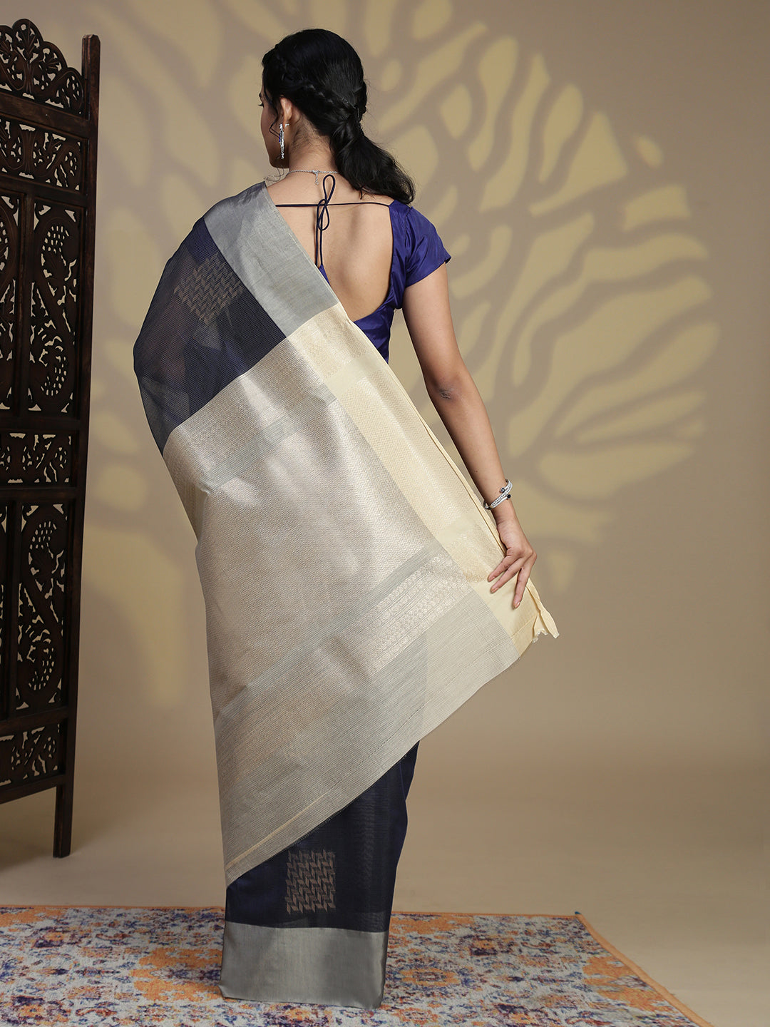Women Navy Kora Cotton Saree SK102