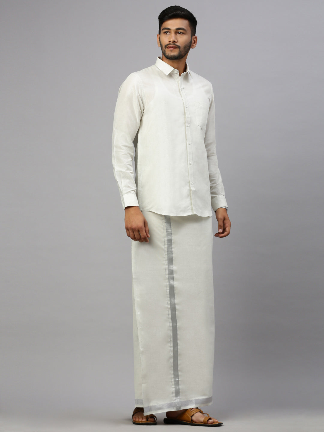 Mens Silver Tissue Full Sleeve Shirt with Matching Readymade Single Dhoti Combo