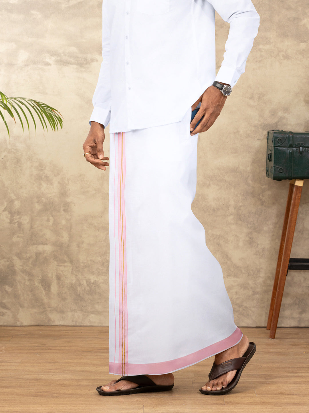 Men Cotton Blend Readymade Single Layer White Dhoti with Fancy Jari Border GACJ44