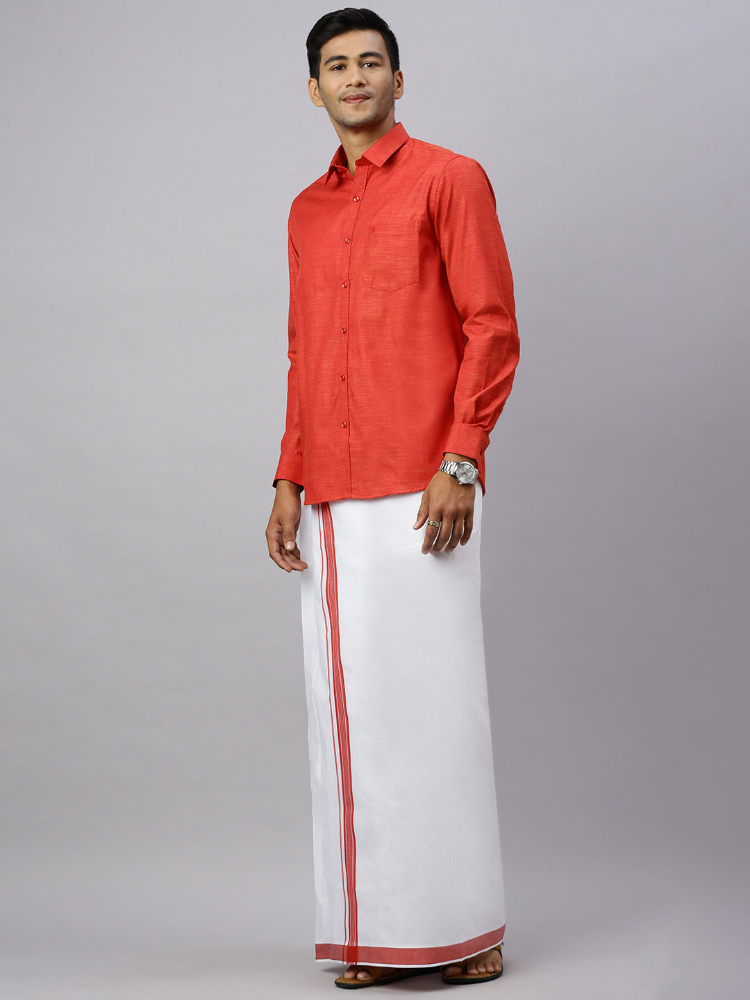 Men Rosewood Red Matching Border Dhoti & Full Sleeves Shirt Set CV4