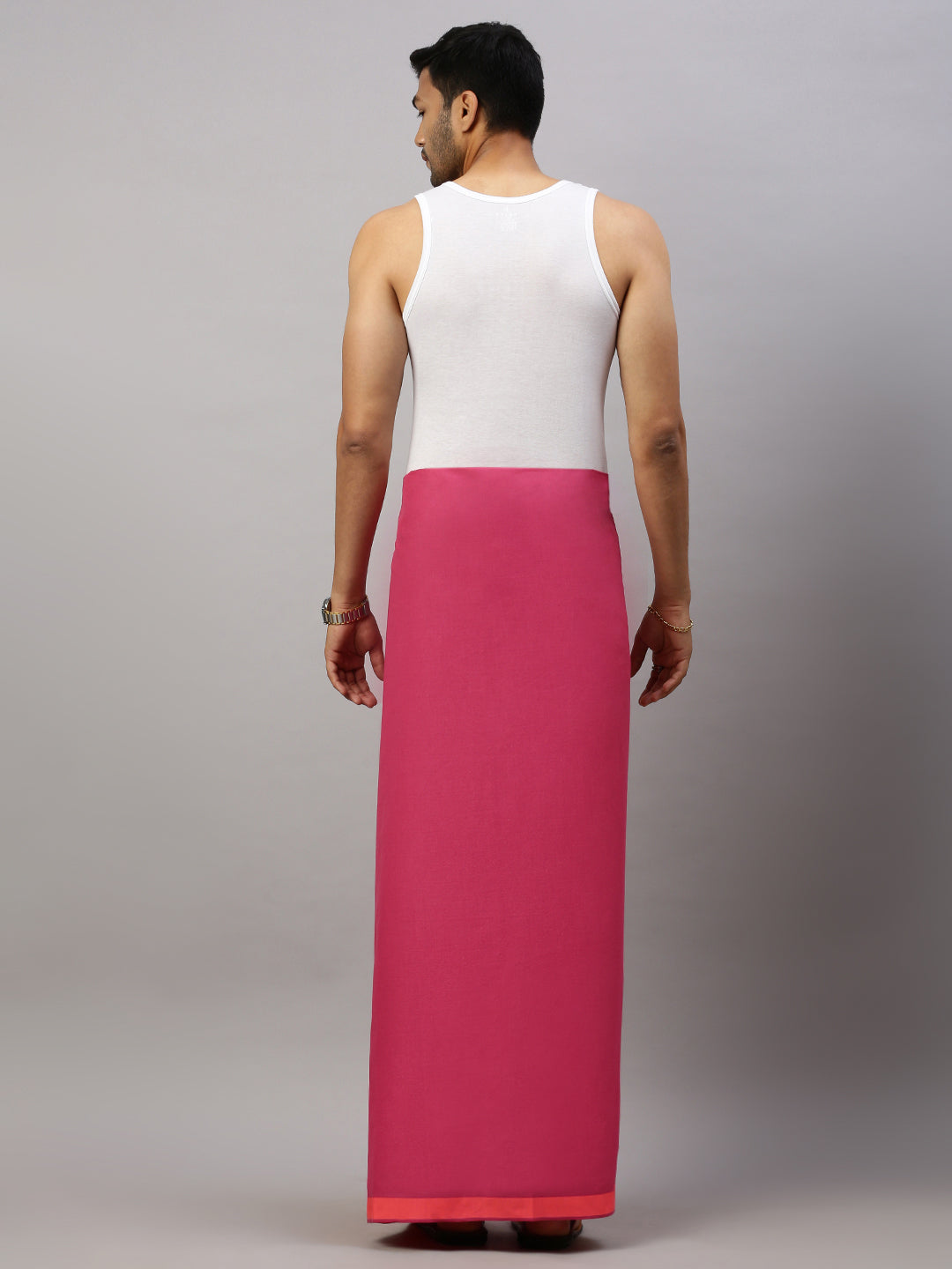 Men 100% Cotton Single Layer Magenta Dhoti with Assorted Border Ahimsa