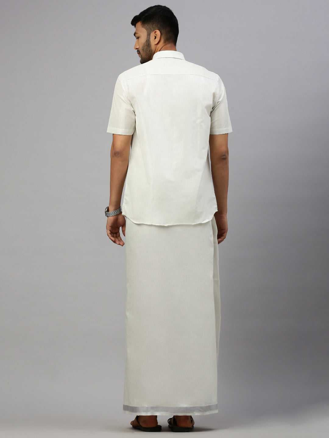 Men Tissue Silver Dhoti & Half Sleeves Shirt Set