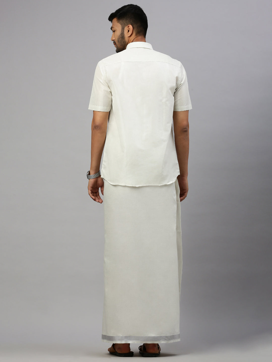 Mens Tissue Silver Dhoti & Half Sleeves Shirt Set